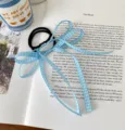 Cute Japanese blue gingham bow hair tie with long ribbons, sweet girl ponytail rubber band. - Ribbon Hair Tie / Blue
