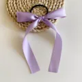 Gros plan d'un joli chouchou ruban nœud violet clair, texture satinée élégante pour tous les jours. - Violet