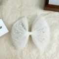 White mesh pearl bow hair clip elegant princess hair accessories for girls daily party - Beige