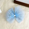 Blue tulle mesh pearl hair bow clip detail, elegant hair accessory for women and cute girls. - Blue