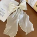 Korean fairy style organza hair bow clip with long ribbons for elegant daily styling and cute look. - 16x26cm / Beige
