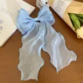 Korean fairy style blue shimmering organza large bow hair clip with long ribbons for women - 16x26cm / Blue