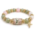 Bracciale di perle colibrì con giada verde e quarzo rosa, ciondolo a forma di colibrì - Bracciale Colibrì