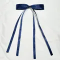 Dark blue satin ribbon bow hair clip with long streamers for sweet elegant daily hair styling. - Polyester Material: Navy Blue