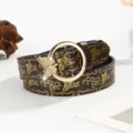 Detailed macro view of vintage dark leather belt with gold butterfly pattern and buckle. - 100cm Length / Red Brown