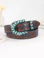 Close-up detail of vintage ethnic women's belt featuring turquoise buckle and floral patterns - 100cm / Blue