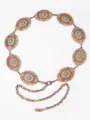 Dettaglio cintura bohémien a catena in rame con pietre turchesi e incisioni floreali - Stile Raggi di Sole Turchese Bronzo Vintage (11)