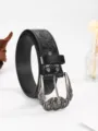 Vintage western style black leather belt with ornate floral embossing and silver buckle - 100cm / Black