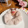 Pink plush monster scrunchie with cute big-eyed character for girls hair accessory - Cute Baby Light Coffee