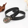 Dettaglio della cintura in pelle goffrata con fibbia turchese decorativa stile cowboy - 100 / Nero 1