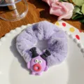 Purple furry scrunchie with cute big-eyed monster character, soft winter hair accessory - Cute Baby Purple