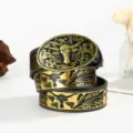 Detail of retro western cowboy belt with golden bull head buckle and embossed pattern - 100cm Length / Yellow