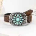 Vintage Western cowboy style belt with turquoise flower buckle and floral embossed strap - 100 / Dark Brown