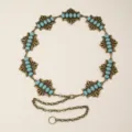 Cintura a catena vintage oro antico con segmenti di fiori turchesi per abiti e cappotti - Stile Intarsiato Turchese a Grappolo di Fiori Bronzo (17)