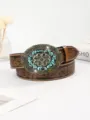 Vintage Ledergürtel im amerikanischen Stil mit großer Türkisschnalle und Prägung - 100cm / Bronze