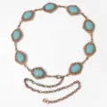 Detailed view of vintage metal chain belt with oval turquoise stones for dresses. - Bronze Turquoise Inlaid Style (3)