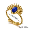 Detailed view of women's golden sunburst open ring with blue stone and size measurements - 1.8cm / Sunburst Blue Stone
