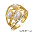 Detailed view of gold stainless steel hollow ring with three white pearls and dimensions. - 1.8cm / Pearl Entanglement