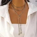 Elegant silver-toned multi-layer Y-shaped necklace with tassel and square bead details - Silver Square Bead Tassel Style (NC25Y1070-4)