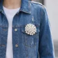 Large elegant pearl and crystal flower brooch pinned on a stylish denim jacket pocket - Pearl Rhinestone Circle Style (26Y0451)