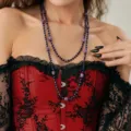 Gothic Halloween purple skull and black beaded double-layered necklace worn by a model - Double Layer Purple Skull Style (NC26Y0377)