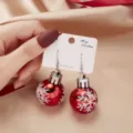 Red Christmas ornament earrings with white snowflake pattern on white card - Red Snowflake Print Christmas Ball Earrings (4#ER21Y0620-1)