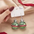 Festive Christmas ornament ball drop earrings with red and green glitter stripes on card - Color-Striped Crystal Ball (ER21Y0622-1) / Colorful
