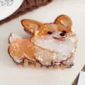 Linda pinza para el pelo con forma de perro Corgi y textura jaspeada naranja y blanca - Corgi