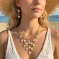Dettaglio di un set di gioielli da spiaggia boho con collana a stella marina su modella - Parure collana e orecchini
