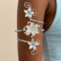 Elegante bracciale da braccio floreale con filo d'argento e perline turchesi - Bracciale da Braccio Blu K Bianco (8)