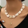 Bohemian style multi-layered cowrie shell and white seed bead necklace set for women - Layered Metal Woven Shell Style (NC24Y0110-1)