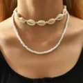 Bohemian style multi-layer set with natural white shell choker and small seed bead necklace - Double Layer Natural Shell White Seed Bead Necklace (NC24Y0149-1)