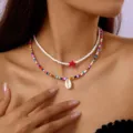 Bohemian layered necklace set with colorful seed beads, cowrie shell, and red star pendant - Layered Seed Bead Chain Red Star White Shell Pendant (NC25Y0046-1)