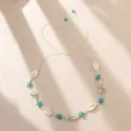Bohemian handmade seashell necklace with turquoise stars and white beads - Woven Cord Necklace Blue Star Painted Shell (NC24Y0082-1)