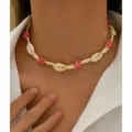 Bohemian handmade woven shell necklace featuring vibrant pink starfish charms for women - Woven Necklace Pink Star White Shell Color Block (NC24Y0082-3)