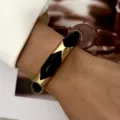 Retro gold-plated bangle with black enamel geometric design for women's fashion - Black and White Geometric Block Style (BR26Y0371-11)