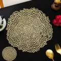 Gold hollow PVC placemat set, modern round heat resistant table mat and coaster for home decor. - Raindrop Placemat / 38 cm / Gold