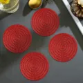 Set of 4 red round PVC hollow placemats, wheat pattern heat insulation table coasters. - Wheat Ear Coaster / 10cm / Red