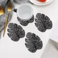 Black monstera leaf PVC coaster heat resistant coffee cup mat table placemat decor - 12x10cm / Black