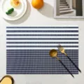 Blue and white striped PVC placemat luxury heat resistant waterproof table mat for dining room - Navy Fine Striped