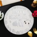 Round PVC hollow placemat, Thanksgiving pumpkin leaf pattern table mat, silver color variant. - Happy Pumpkin / Silver
