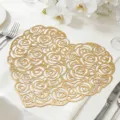 Gold heart-shaped PVC placemat with elegant rose hollow pattern, waterproof and heat-insulating. - Heart And Rose / 38 cm / Gold