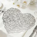 Silver heart-shaped placemat with hollow rose pattern, elegant table decor for dining. - Heart And Rose / 38 cm / Silver