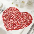 Red heart shaped PVC placemat hollow rose dining table mat heat resistant waterproof decor - Heart And Rose / 38 cm / Red