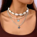 Bohemian multi-layer necklace set with white cowrie shells, pearls, and blue starfish - Three Layer Blue Cord Pearl Blue Shell Starfish (NC31NC25Y0073-3)