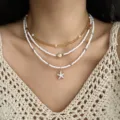 Elegant Bohemian multi-layered beaded necklace set featuring starfish and gold shell charms - Three Layer White Gold Seed Bead Shell Starfish (NC41NC25Y0175)