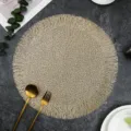 Round woven placemat with fringe edges, heat resistant dining table mat for kitchen home decor. - Interwoven Tassel / 38 cm / Gold
