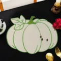 Pumpkin shaped fabric placemat with green embroidery, elegant table mat for dining room. - Green