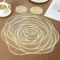 Hollow rose PVC placemat and coaster set, waterproof and heat resistant dining table decor. - 38cm Placemat / Gold
