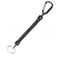 Detailed view of the black coiled spring fishing lanyard with carabiner and keyring loop. - Black